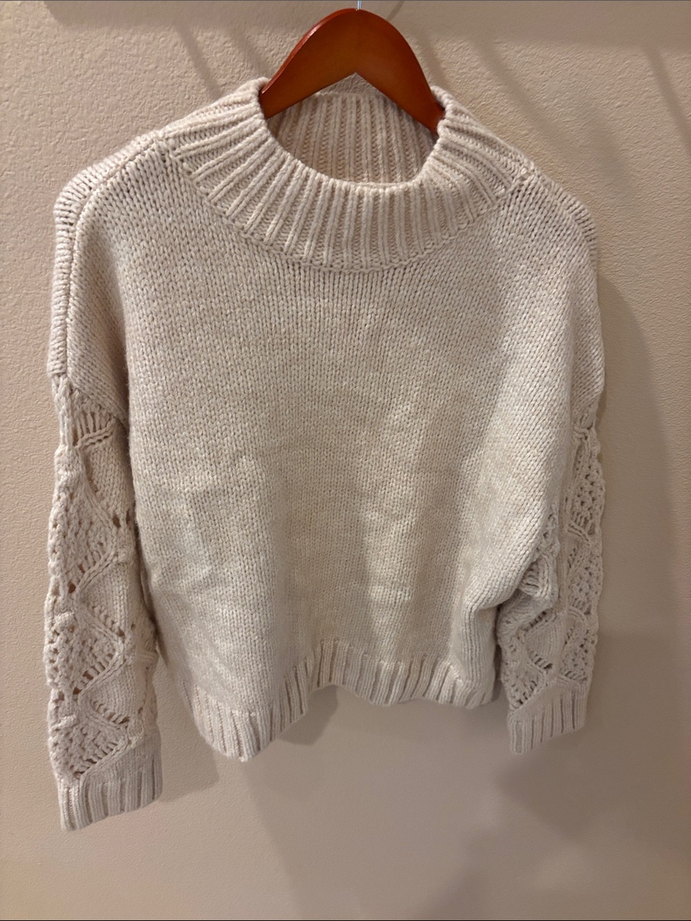Skies Are Blue Cream Mock Neck Cable-Sleeve Sweater